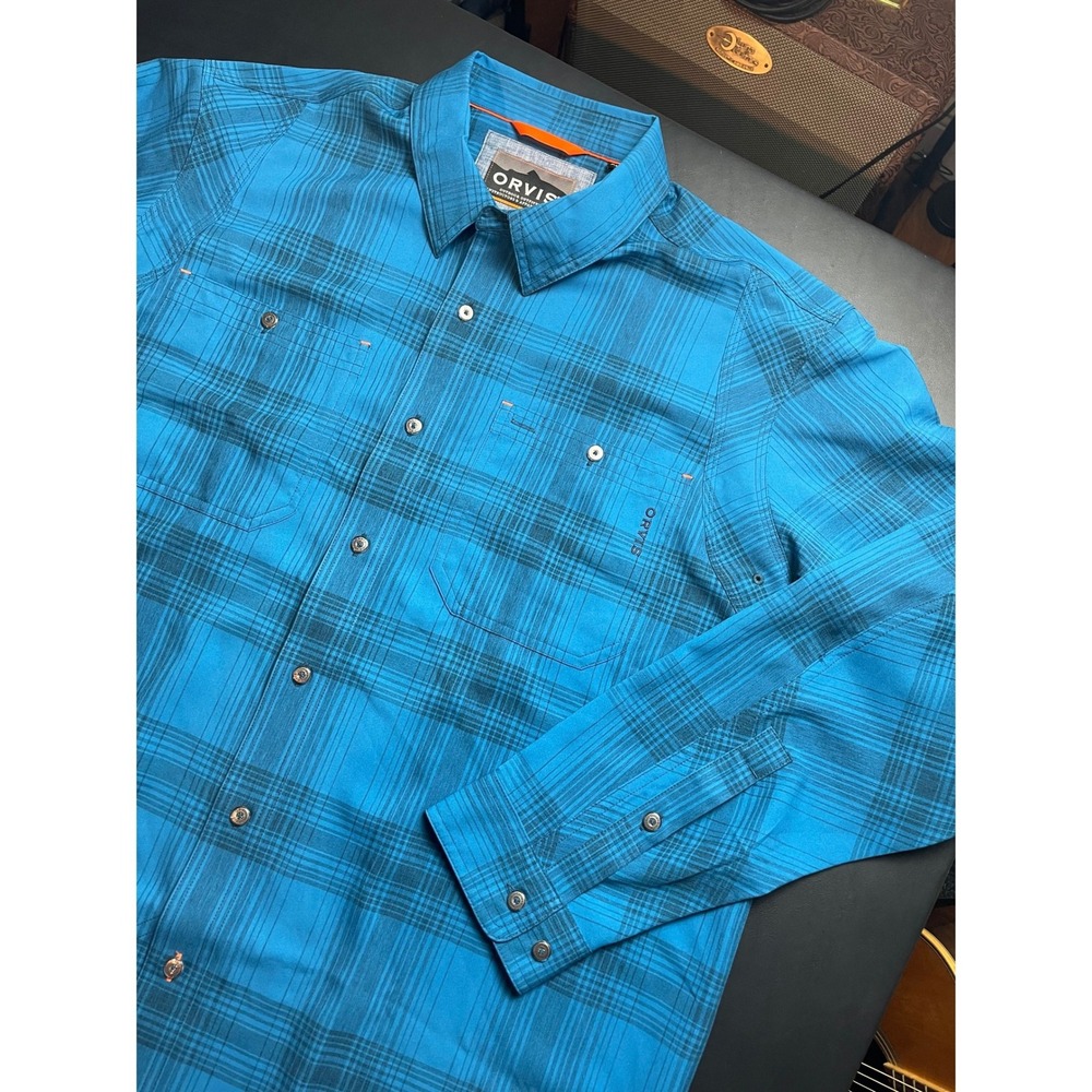 Orvis Button Down Shirt Mens XL Blue Excellent Active Fit Plaid Outdoor 293830